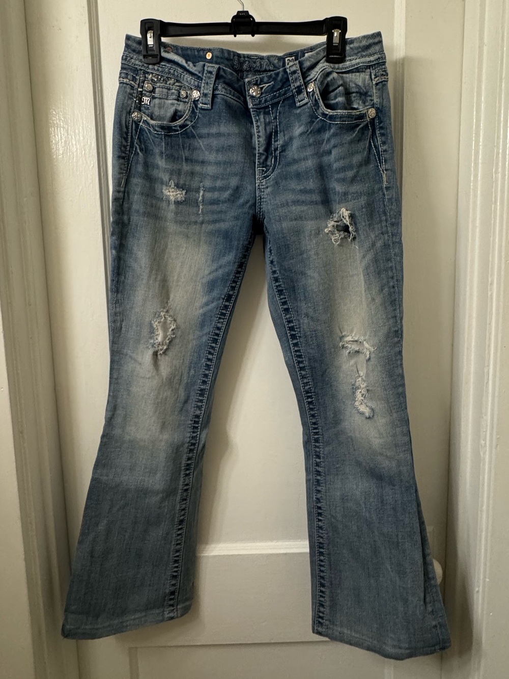 Miss Me Distressed Studded Mid-Rise Flare Jeans